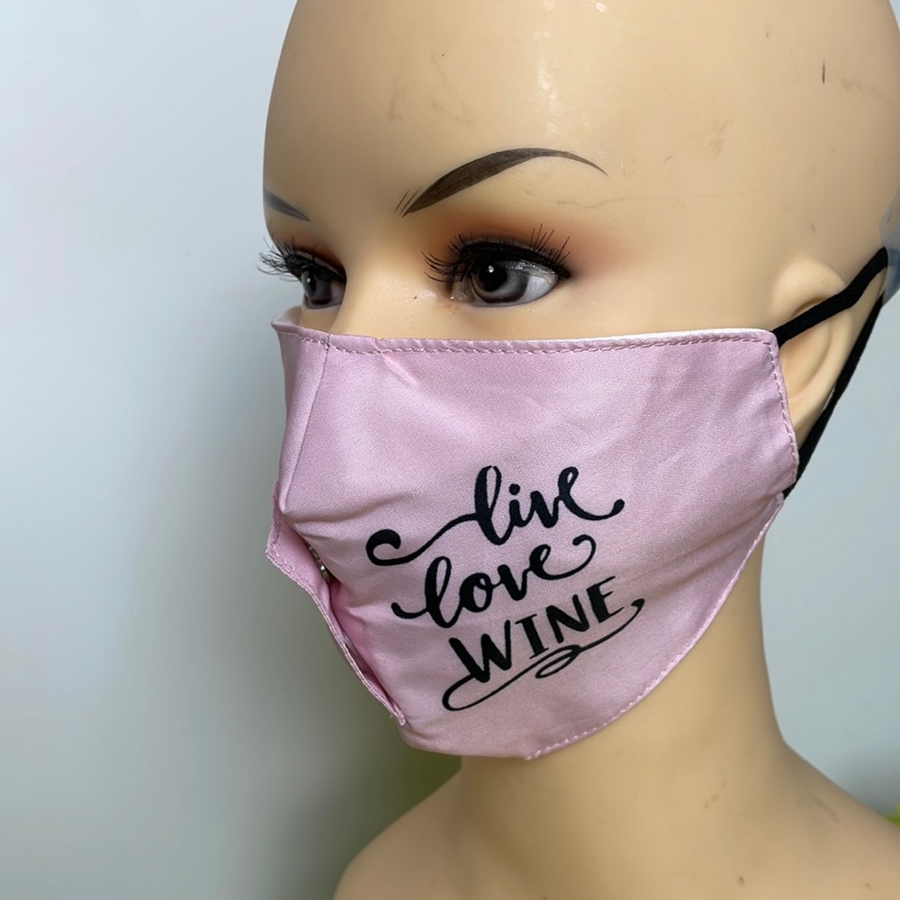 Face Mask Set of 2 one Black and one Pink “ live-love-wine ” fun Mask